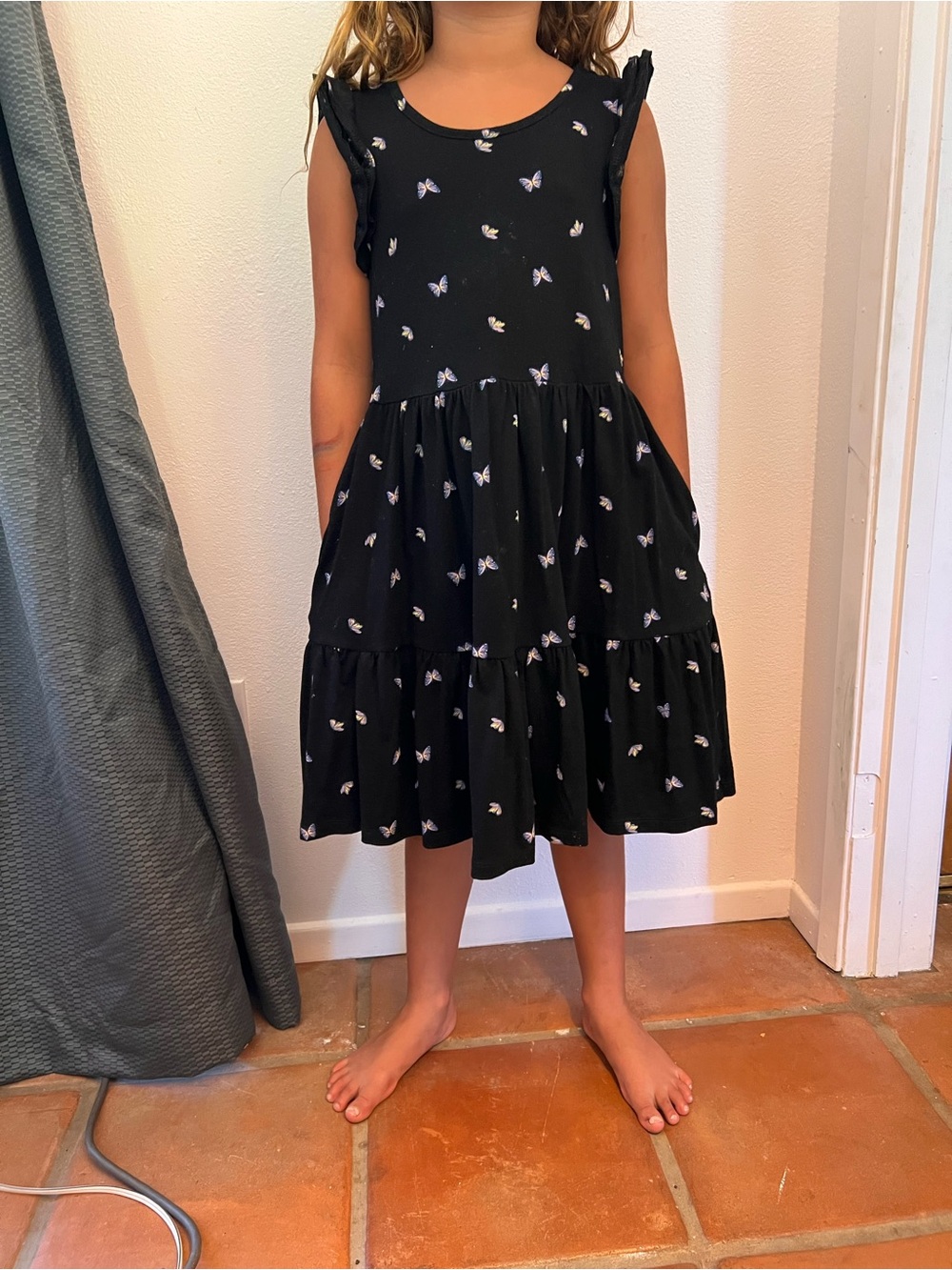 Girls' Black Butterfly Print Ruffle Sleeve Dress